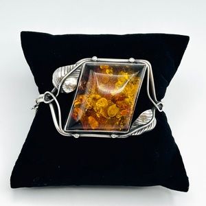 Vintage 925 Sterling Silver & Genuine Amber Bracelet w/Safety Chain 6 1/2”